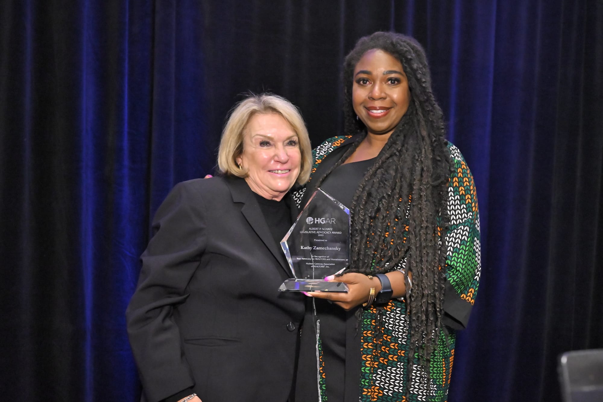 Kathy Zamachansky, left, who was honored with the “Albert P. Schatz Legislative Advocacy Award” and Crystal Hawkins-Syska, HGAR Recognition Committee Chair.